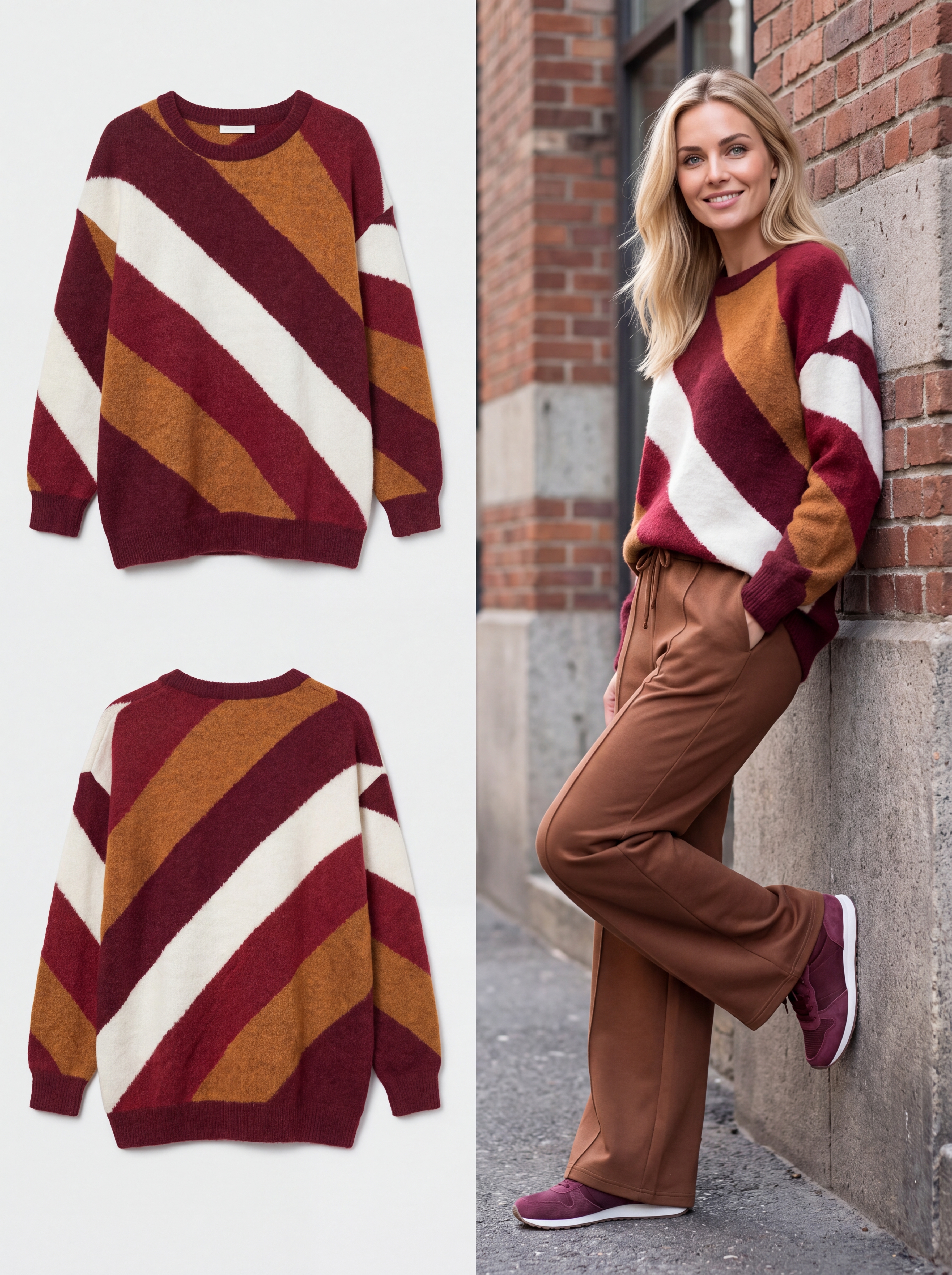 Dámsky pulóver s diagonálnymi pruhmi ROYAL EDGE BURGUNDY Bordovo-škoricový s.WEAR 12
